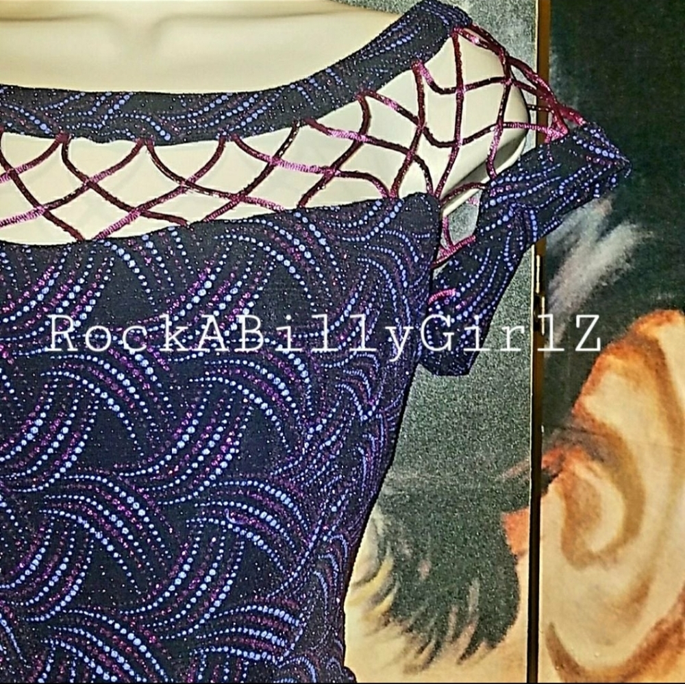 Tempest Storm Seduction Purple Beaded Pencil Gown Caged Neck w Empire Waist Bow - Picture 9 of 13